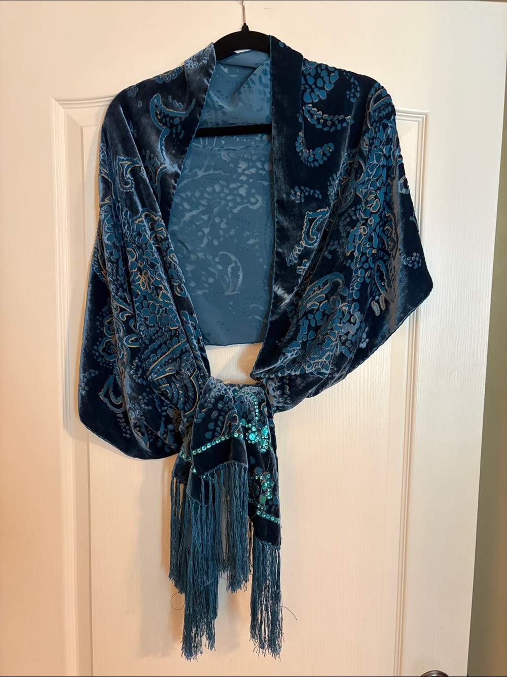 Liz Claiborne dark blue w Teal and gold accents Velvet Fringe Shawl - Picture 3 of 9